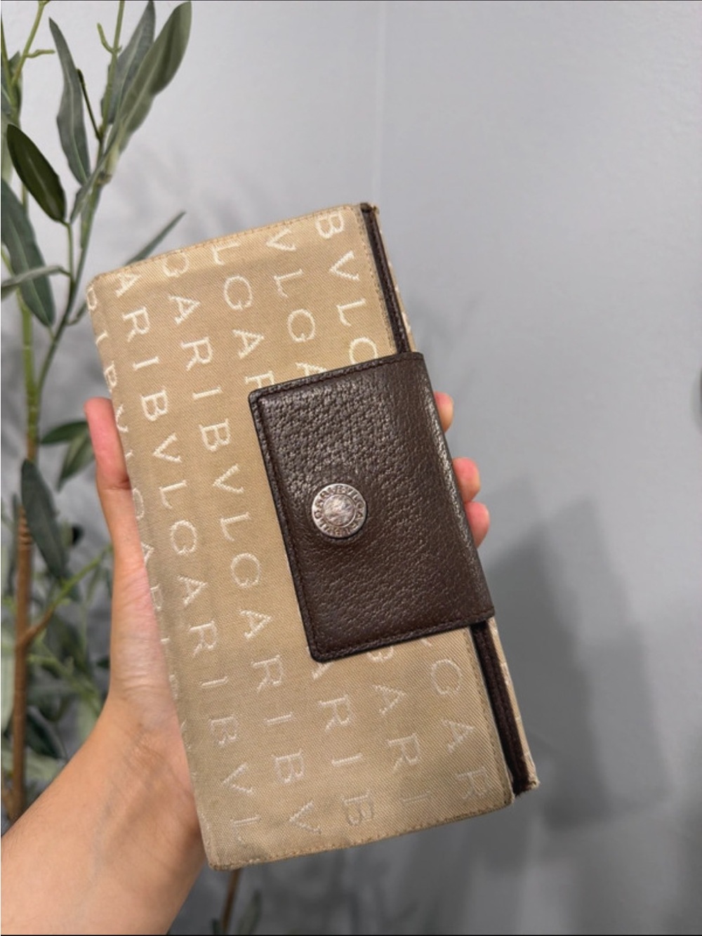 Bulgari Beige Canvas Wallet with Dark Brown Leather Snap